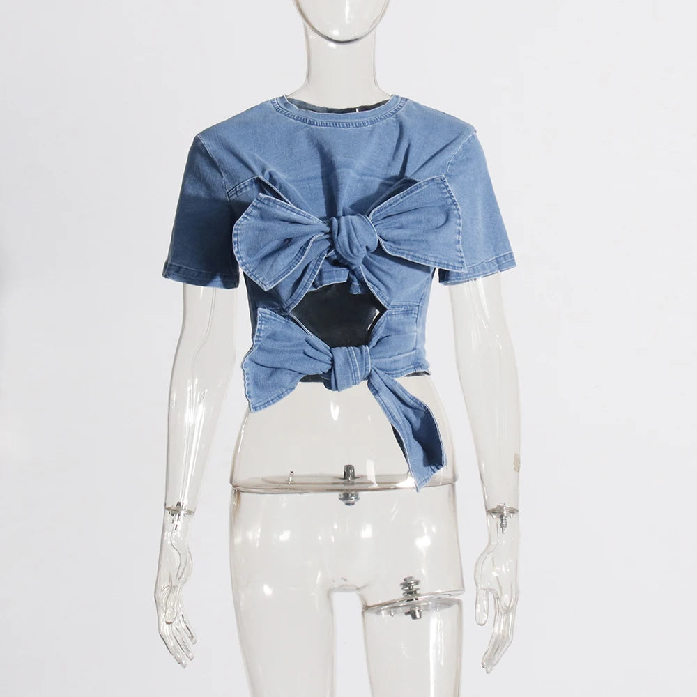 Trendy Round Neck Denim  Cropped Top+Denim  Skirt Two-piece Set With Bow Ties Design Details