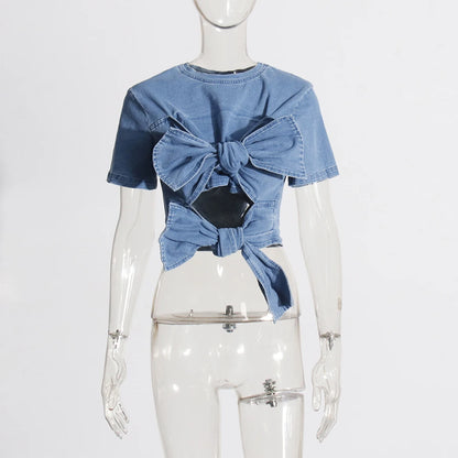 Trendy Round Neck Denim  Cropped Top+Denim  Skirt Two-piece Set With Bow Ties Design Details