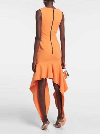 High Fashion Orange Dress With Asymmetrical Hemline