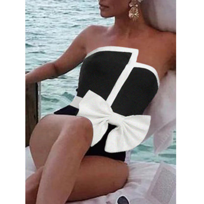 Monochrome Muse 2-Piece Bow Swimsuit & Skirt Set