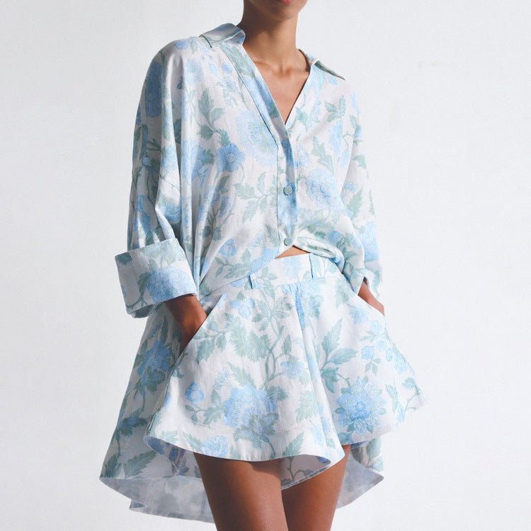 Matching Two-Piece Set of Floral Loose Long Shirt + High Waist Shorts