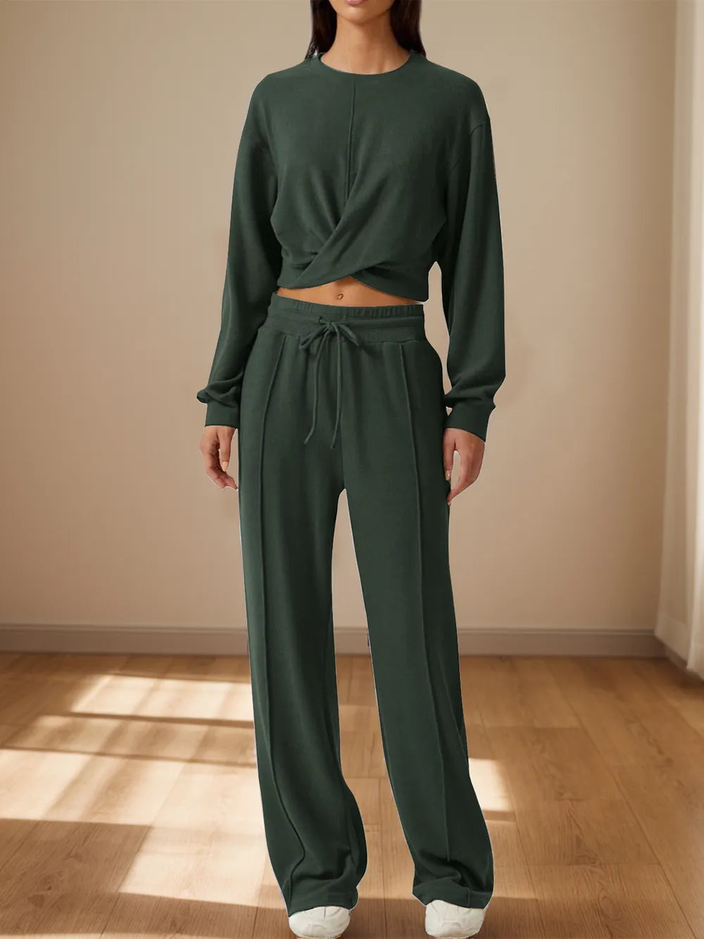 Twist-Front Pastel Knit Lounge Set – Cozy Crewneck Sweater & Drawstring Wide-Leg Pants