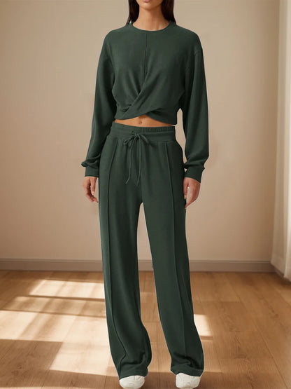 Twist-Front Pastel Knit Lounge Set – Cozy Crewneck Sweater & Drawstring Wide-Leg Pants