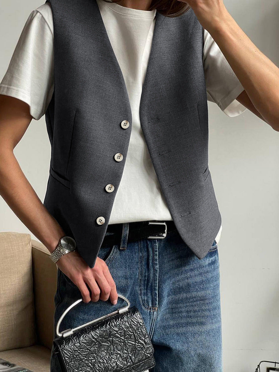 Tailored V-Neck Button-Front Vest & Wide-Leg Trouser Set