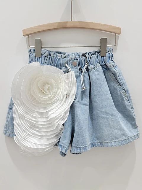 Women's Denim Shorts  With Elastic High Waist and  Flower Design