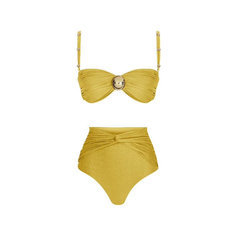 Golden Hour Glam Bikini Set with Matching Ruched Skirt