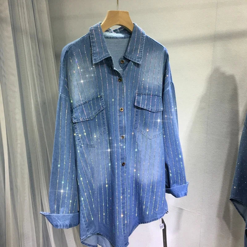 Sparkle-Striped Denim Utility Shirt