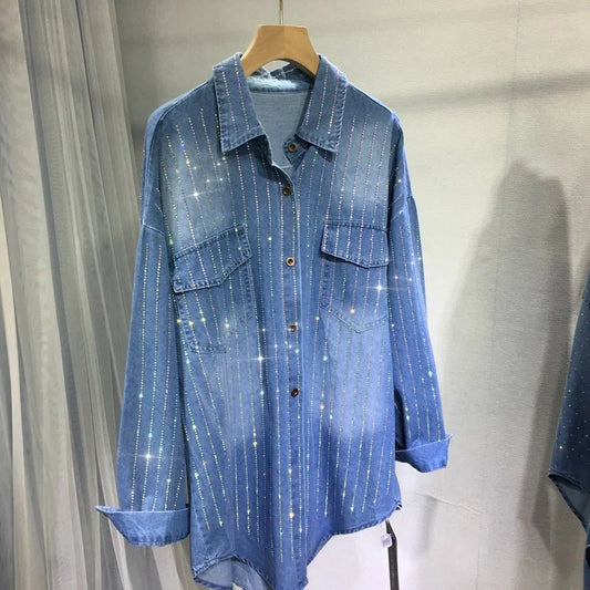Sparkle-Striped Denim Utility Shirt