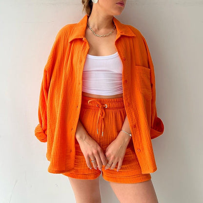 Women's Wrinkled Long-sleeved Shirt and High-waisted Drawstring Shorts Two-piece set, Comes in Multiple Colors