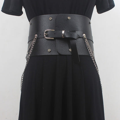 Edgy Wide Waist Belt with Chain Detail – Statement Style in Black or Camel