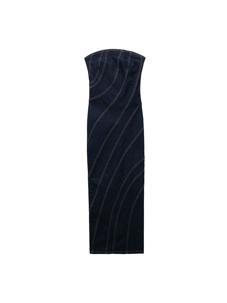 Elegant Strapless Bodycon Denim Midi Dress