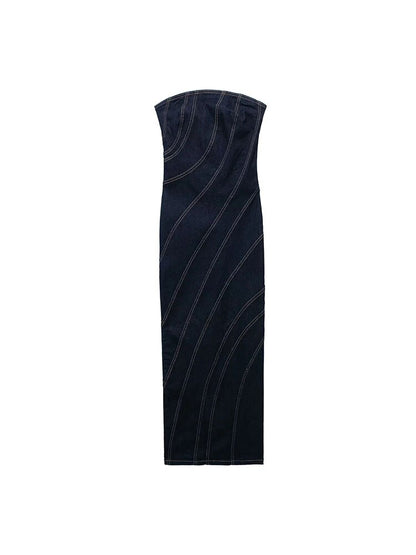 Elegant Strapless Bodycon Denim Midi Dress