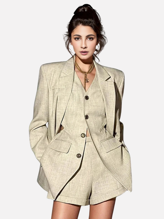Beige Tailored  Three-Piece Shorts Suit – Sleek, Sharp & Summer-Ready