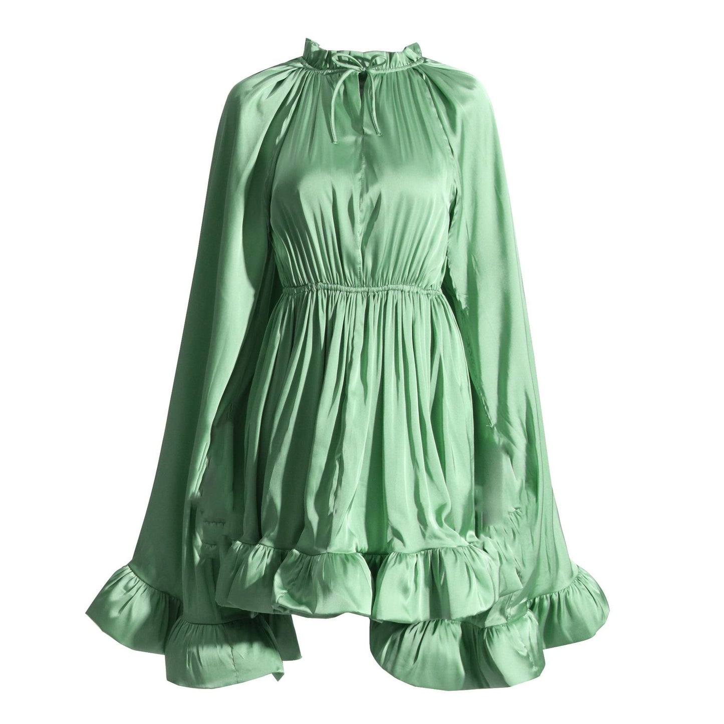 Beautiful Cape Dress with a Cinched Waist and Ruffled Hem