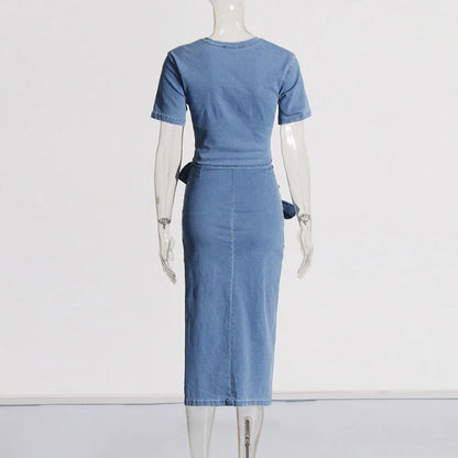 Trendy Round Neck Denim  Cropped Top+Denim  Skirt Two-piece Set With Bow Ties Design Details