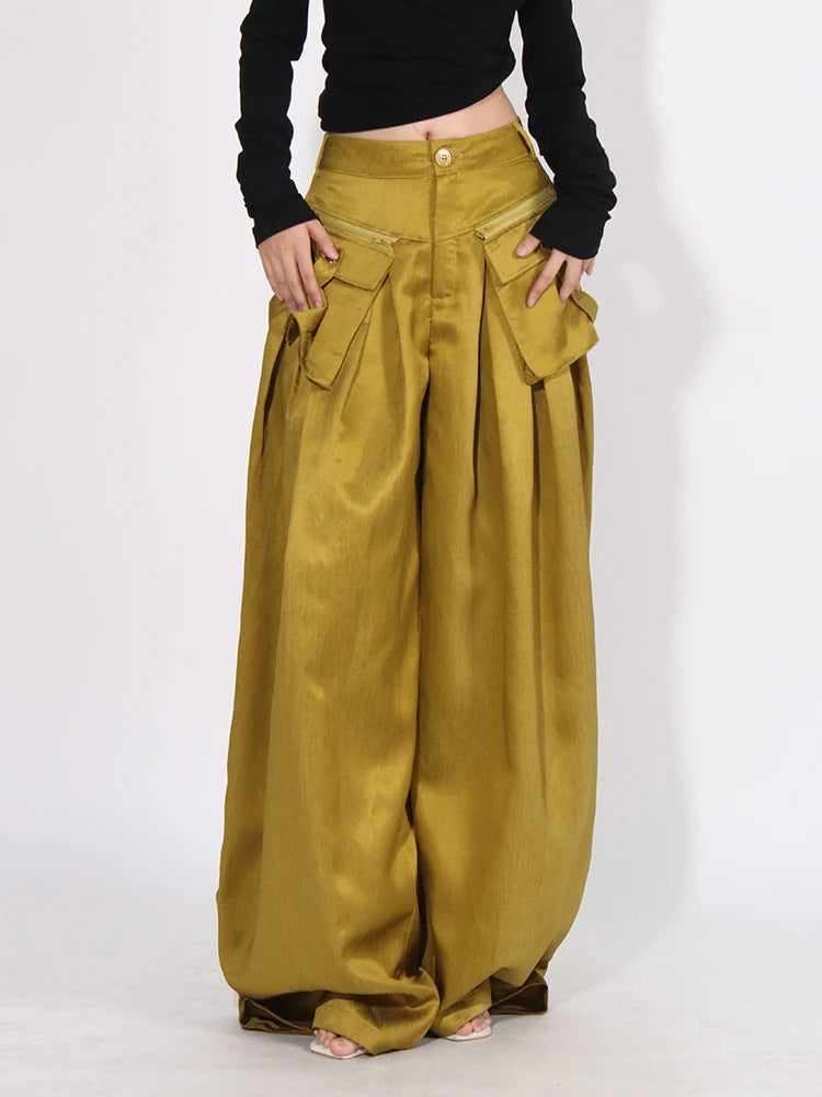 Stylish Floor Length Wide Legged High Waisted Loose Pants With Hanging Pockets