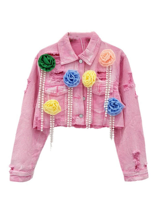 Trendy Torn Denim Jacket with Colorful Flowers and Diamonds Tassel Design Details