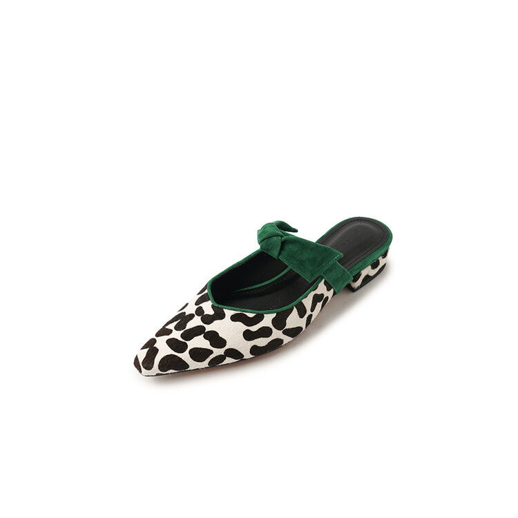 Leopard Bow-Embellished Pointed-Toe Mule Flats