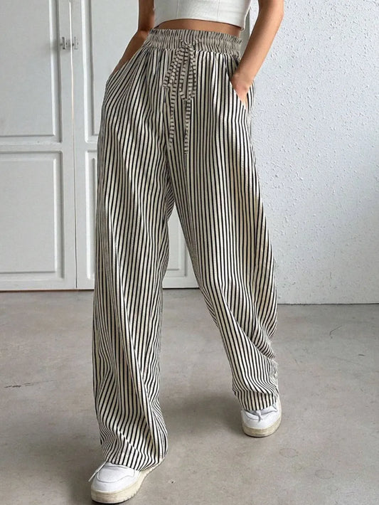 Striped Drawstring Wide-Leg Lounge Pants – Vertical Blue, Tan, & Black Stripe