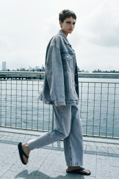 Denim Jacket & Wide-Leg Jeans Two-Piece Set