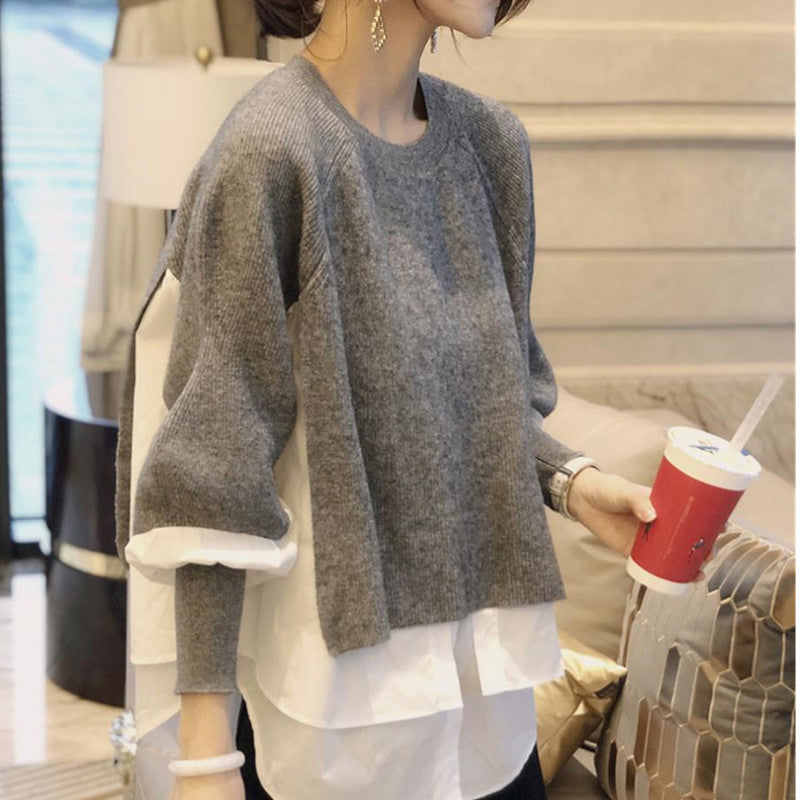 Stylish Women's Sweater and Shirt Mixed Long Sleeve Top