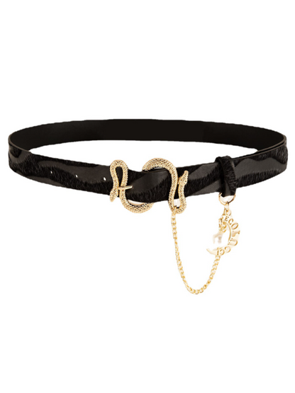 Jacquard Velvet Women's Belt with Decorative  Chain and Snake Buckle