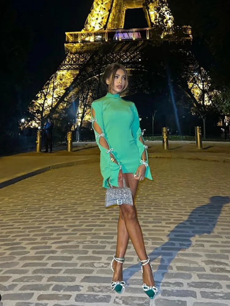 Long-Sleeved Mini Dress With Intricate Rhinestone Bows Design Details