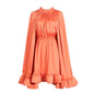 Beautiful Cape Dress with a Cinched Waist and Ruffled Hem