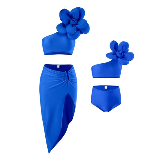 Bold Bloom 3-Piece  3-D Floral Bikini Set with Skirt – Asymmetrical One-Shoulder