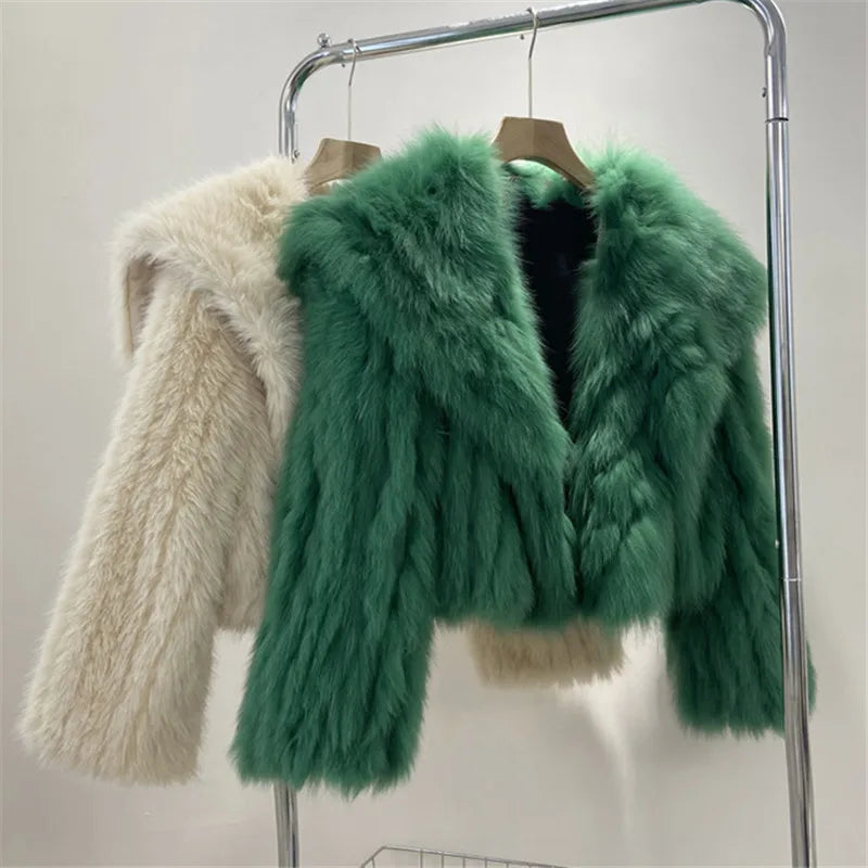 Plush and Luxurious Faux Fur Cropped Jackets in Green and Pink