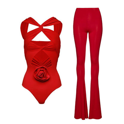 Red Hot, Quick Drying,  One Piece Swimsuit with 3D Flower Details in Four Unique Designs Paired with a Mini Skirt or  Tight Flaired Leggings