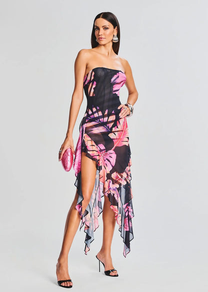Sleeveless Slim Fitting Print Dress with a Thigh Slit and Asymmetrical Hem
