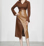 New Women's Two-Piece Brown Shirt Shirt +  Faux Leather Long Skirt in Two Tones