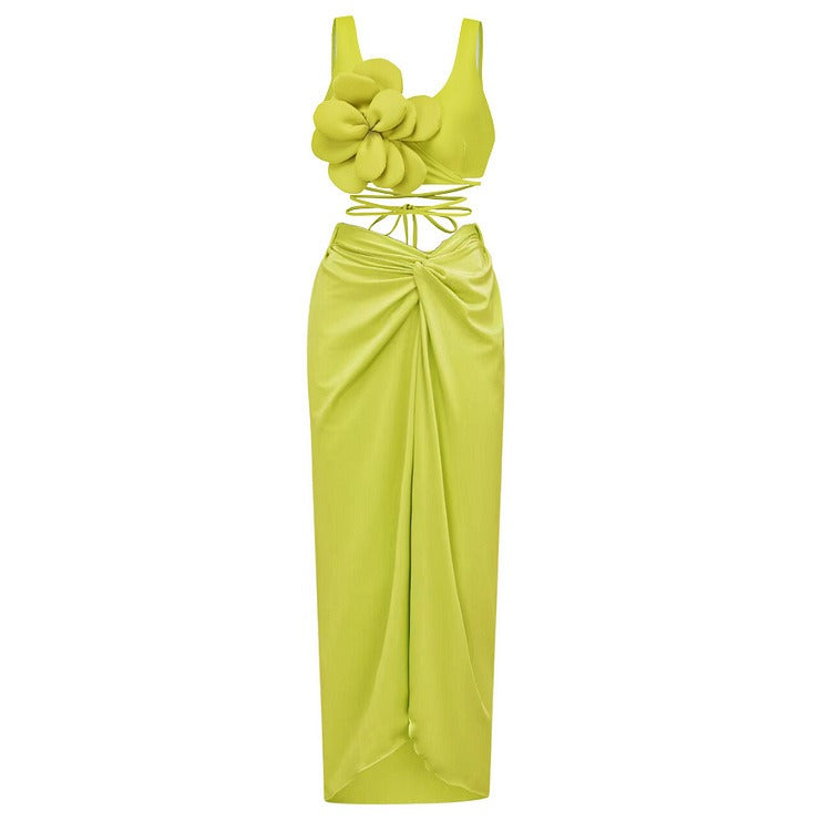 Sexy High Waisted Three-piece Green Bikini Set with a 3D Flower Design