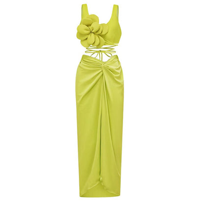 Sexy High Waisted Three-piece Green Bikini Set with a 3D Flower Design