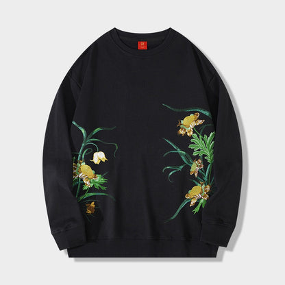 Chinese Influenced Sweatshirt With Embroidered Floral Patterns