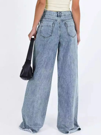 Cobalt-Stitch White  and Blue Wide-Leg Raw-Hem Jeans