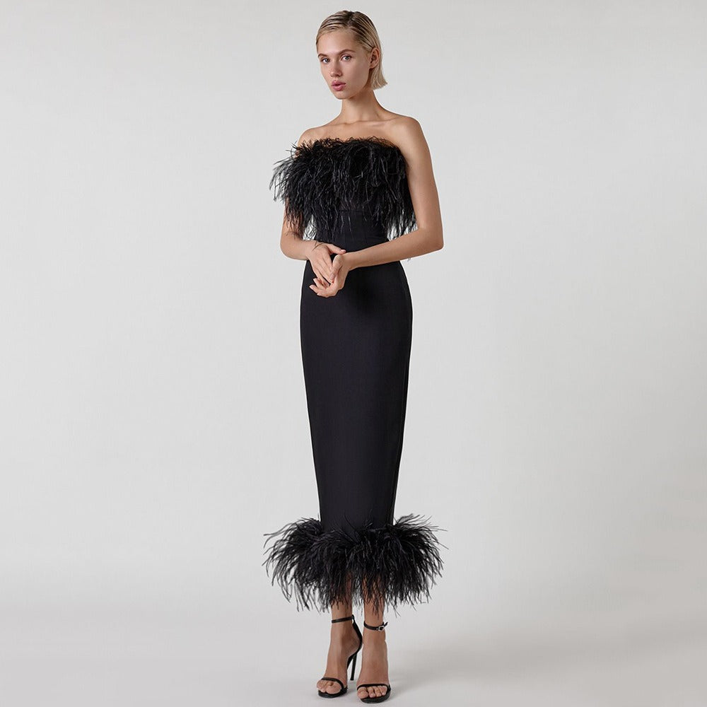 Elegant Sleeveless Dress with Feather Design on Hem and Bodice