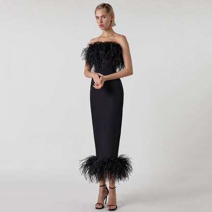 Elegant Sleeveless Dress with Feather Design on Hem and Bodice