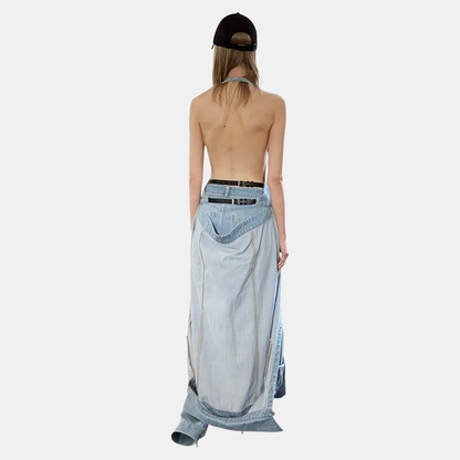 Modular Deconstructed Denim 3-in-1 Set (Oversized Trucker Jacket + Halter Corset Vest + Maxi Skirt)