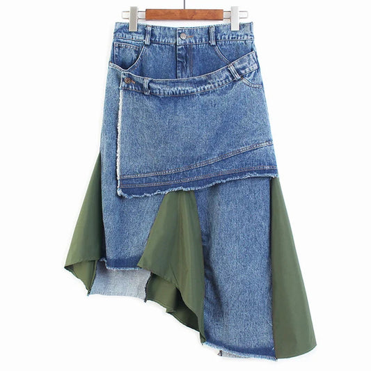 Vintage Denim Skirt Matching with Mixed Hemline Fabrics