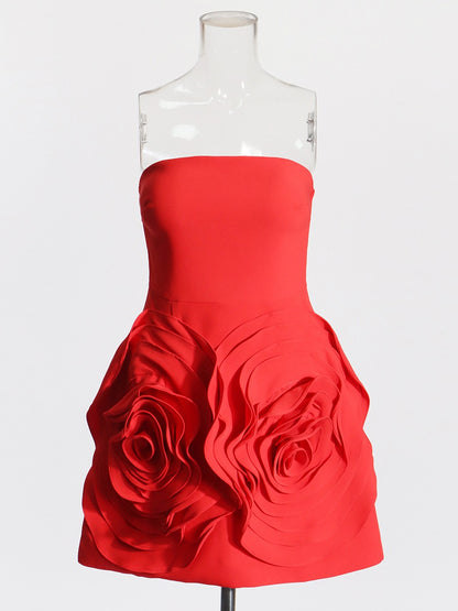 Red Hot Floral Mini Dress,   A-line Dress With a  Stunning 3 D Rose Design