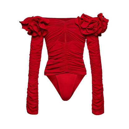 Red Hot, Quick Drying,  One Piece Swimsuit with 3D Flower Details in Four Unique Designs Paired with a Mini Skirt or  Tight Flaired Leggings