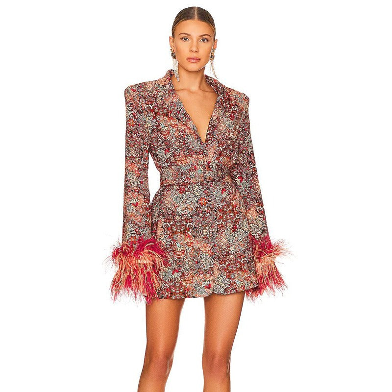 Elegant V-neck Floral Mini Dress with Decorative Feathers at Cuffs