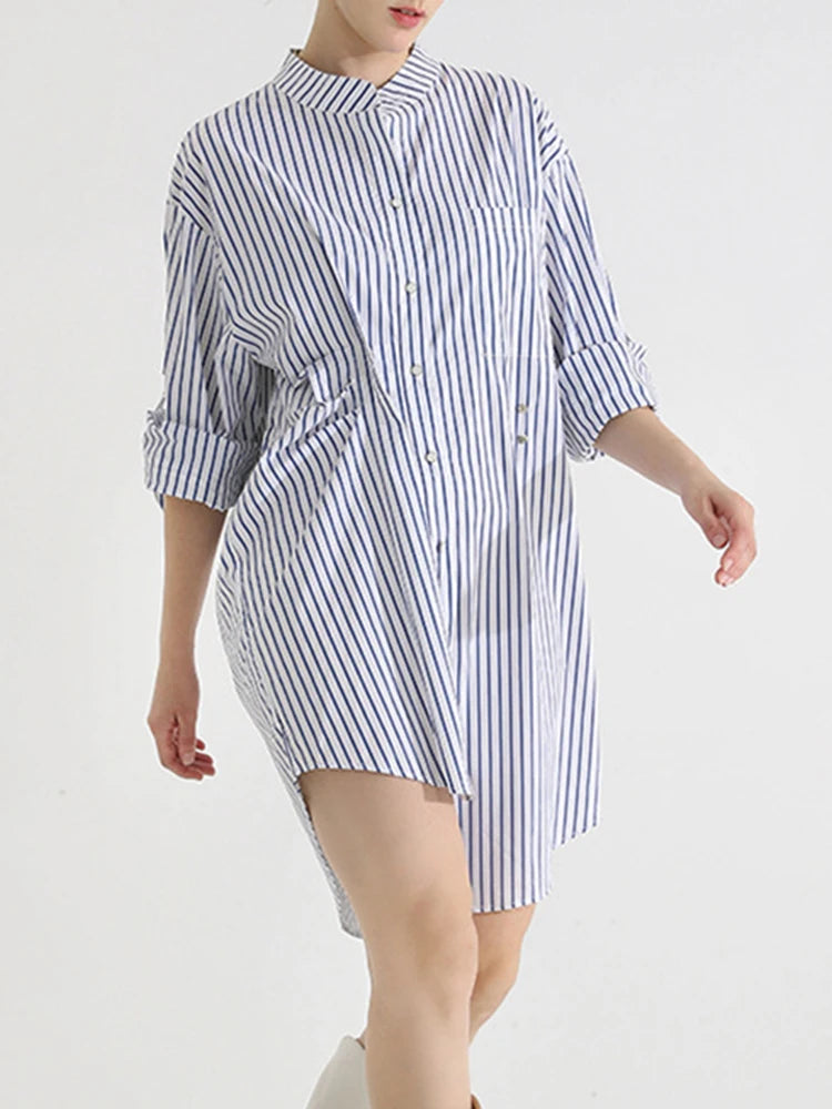 Asymmetrical Striped Mini Shirt  Dress