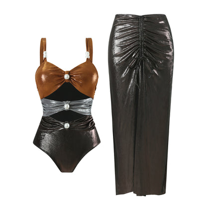 Midnight Metallic Pearl-Draped Swimsuit & Ruched Skirt Set