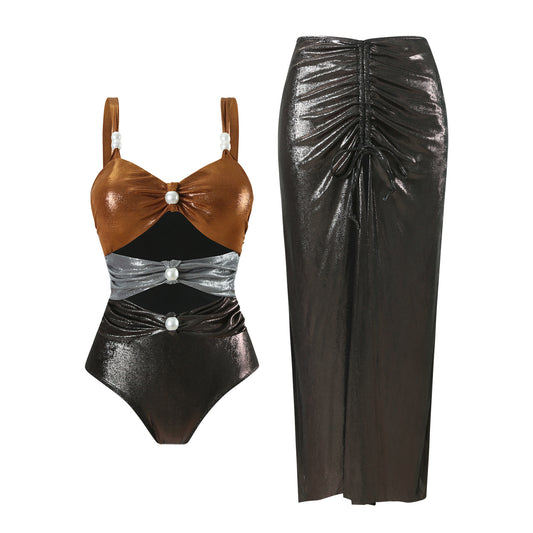 Midnight Metallic Pearl-Draped Swimsuit & Ruched Skirt Set