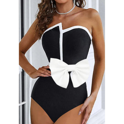 Monochrome Muse 2-Piece Bow Swimsuit & Skirt Set