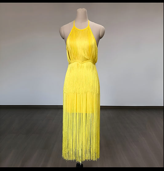 Beautiful Slim Fitting Dress  Halter Dress with Fringe Details, Comes in Yellow and Apricot Colors