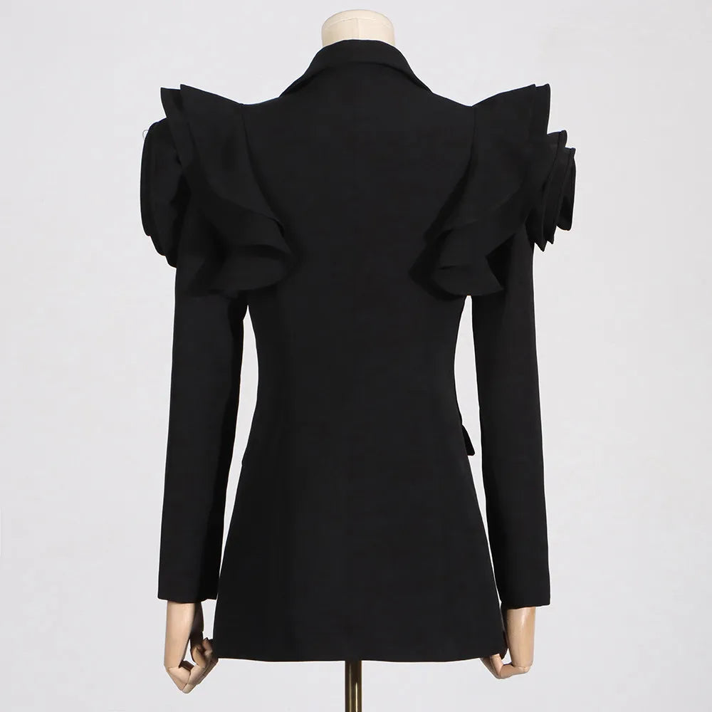 Stylish Slim Fitting Black Blazer With 3D Flower Designer Details on Sleeves